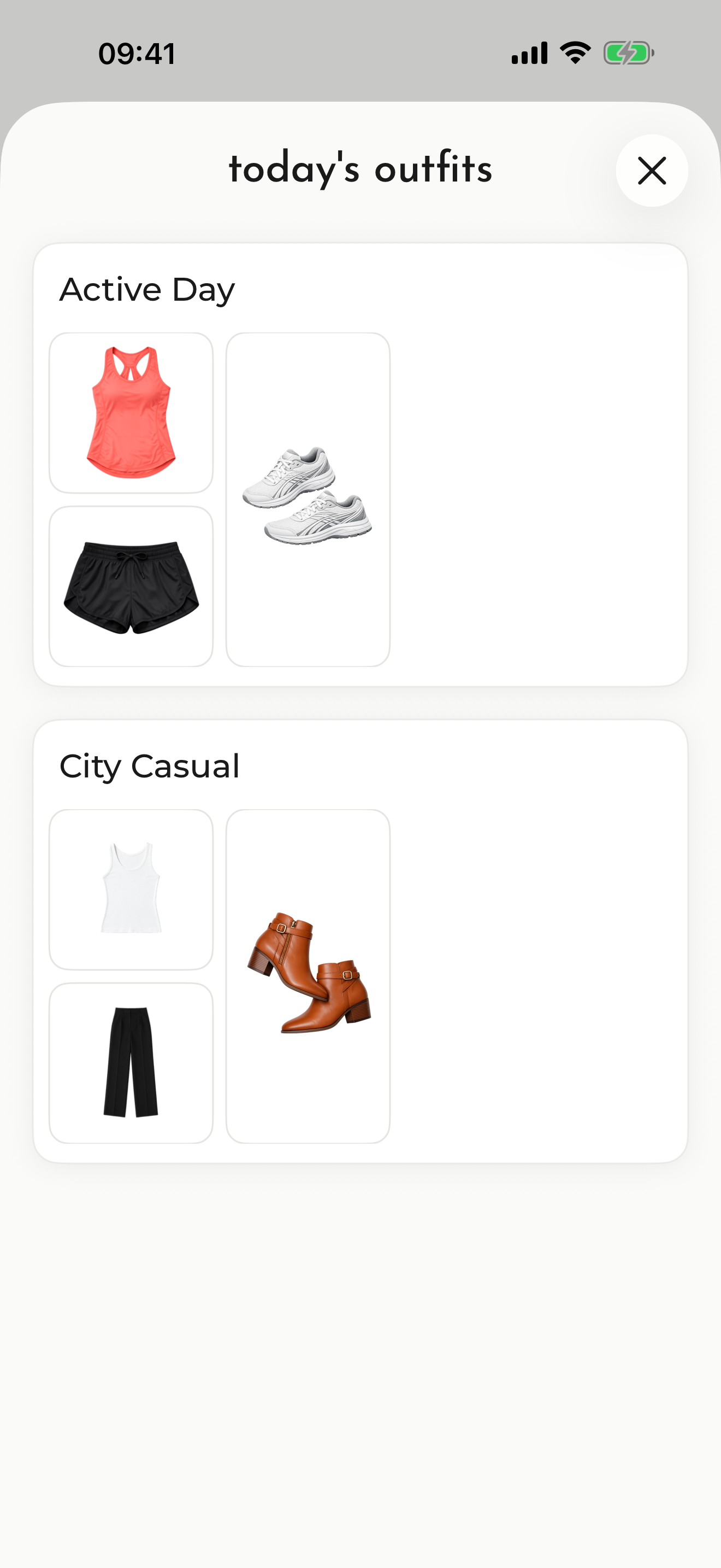 Outfits today’s outfits screen with a City Casual look and an Active Day look.