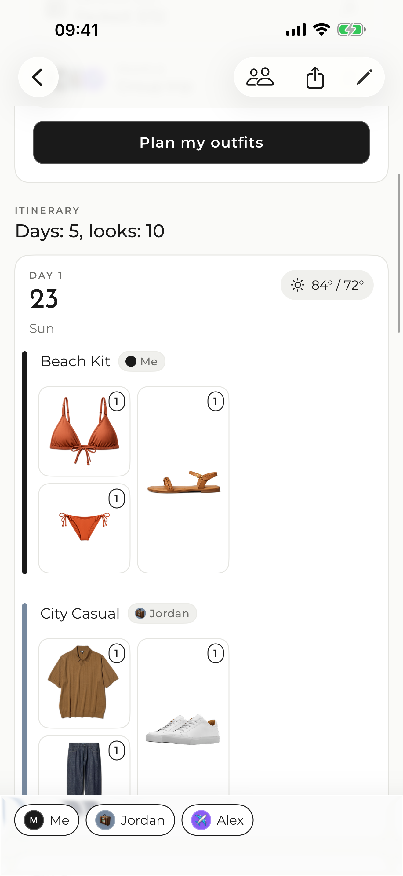 Outfits trip day showing a Beach Kit look for Me and a City Casual look for Jordan on the same day.