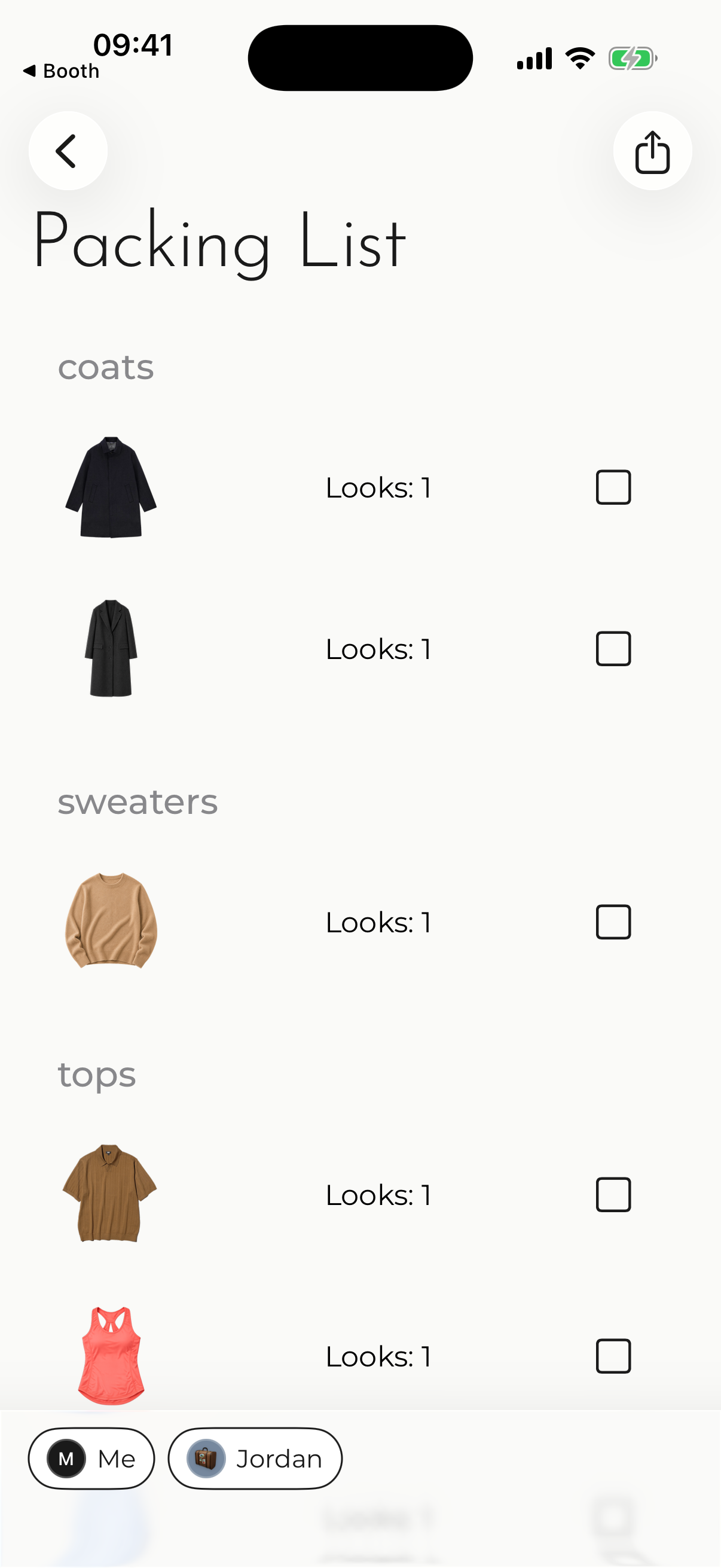 Outfits packing list with Me and Jordan profile chips so each person has their own list.