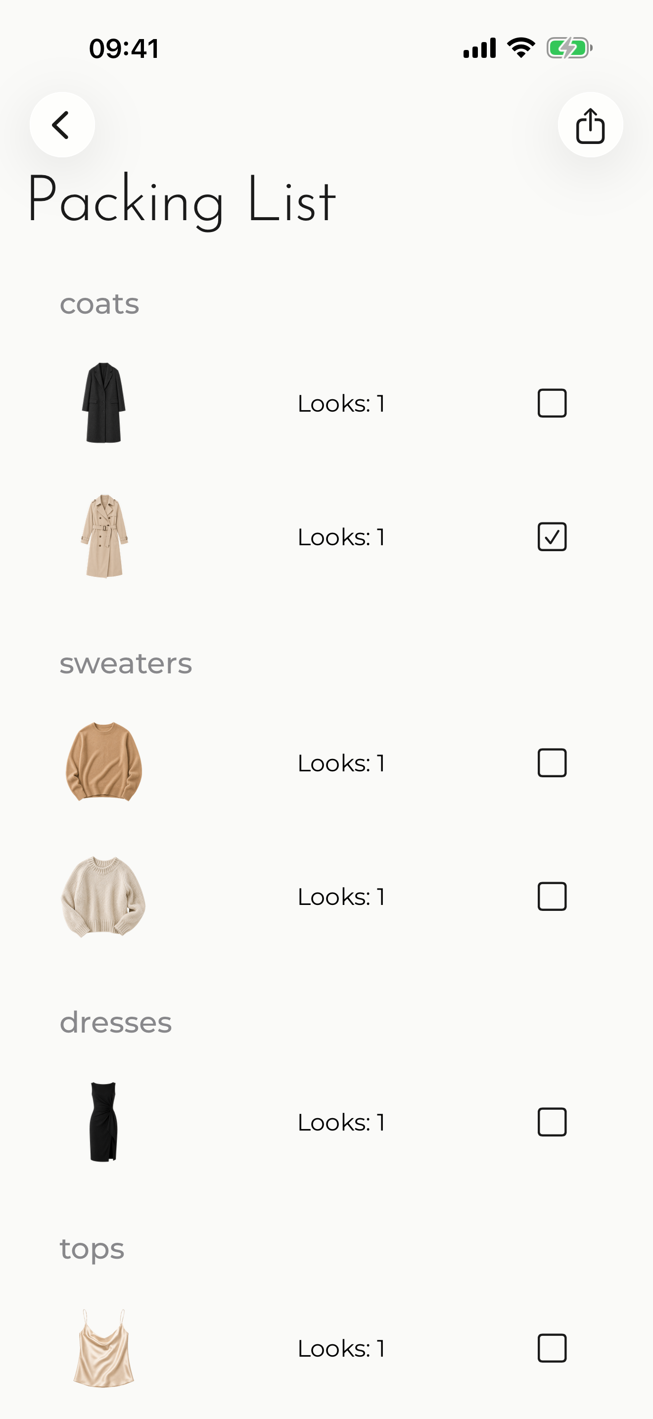 Outfits packing list with look counts and checkboxes, some items already packed.