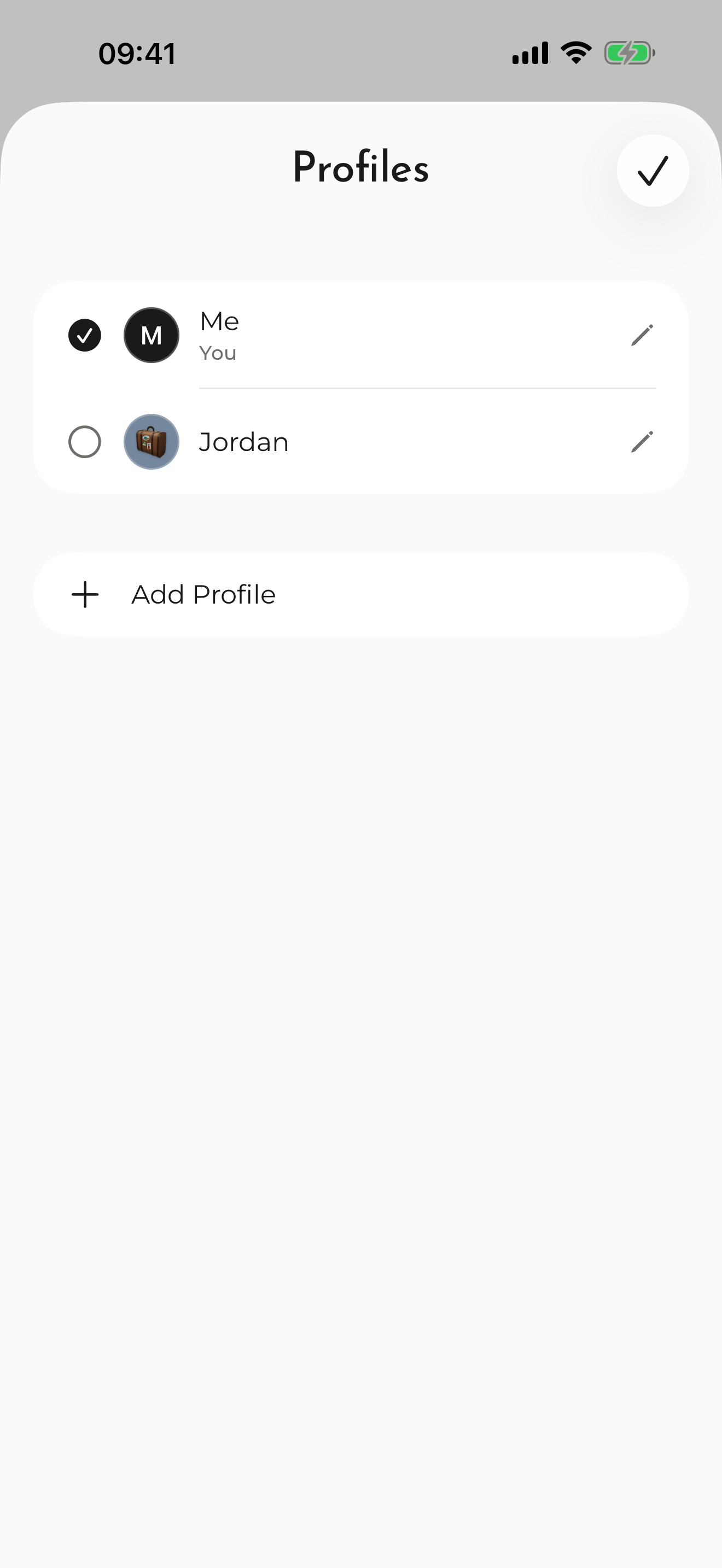 Outfits Profiles screen with Me and Jordan, and an Add Profile button.