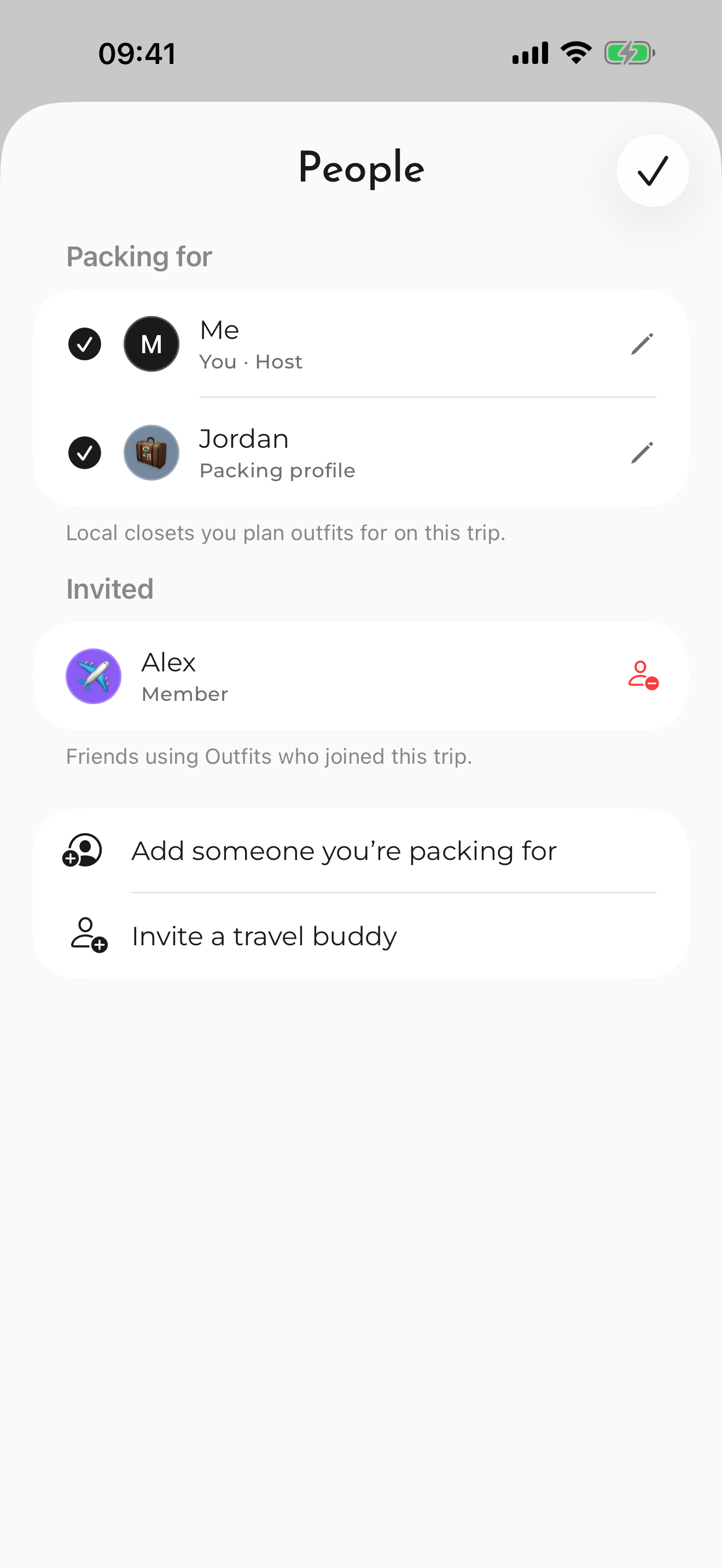 Outfits People screen with Me and Jordan packing for the trip, and options to invite a travel buddy.